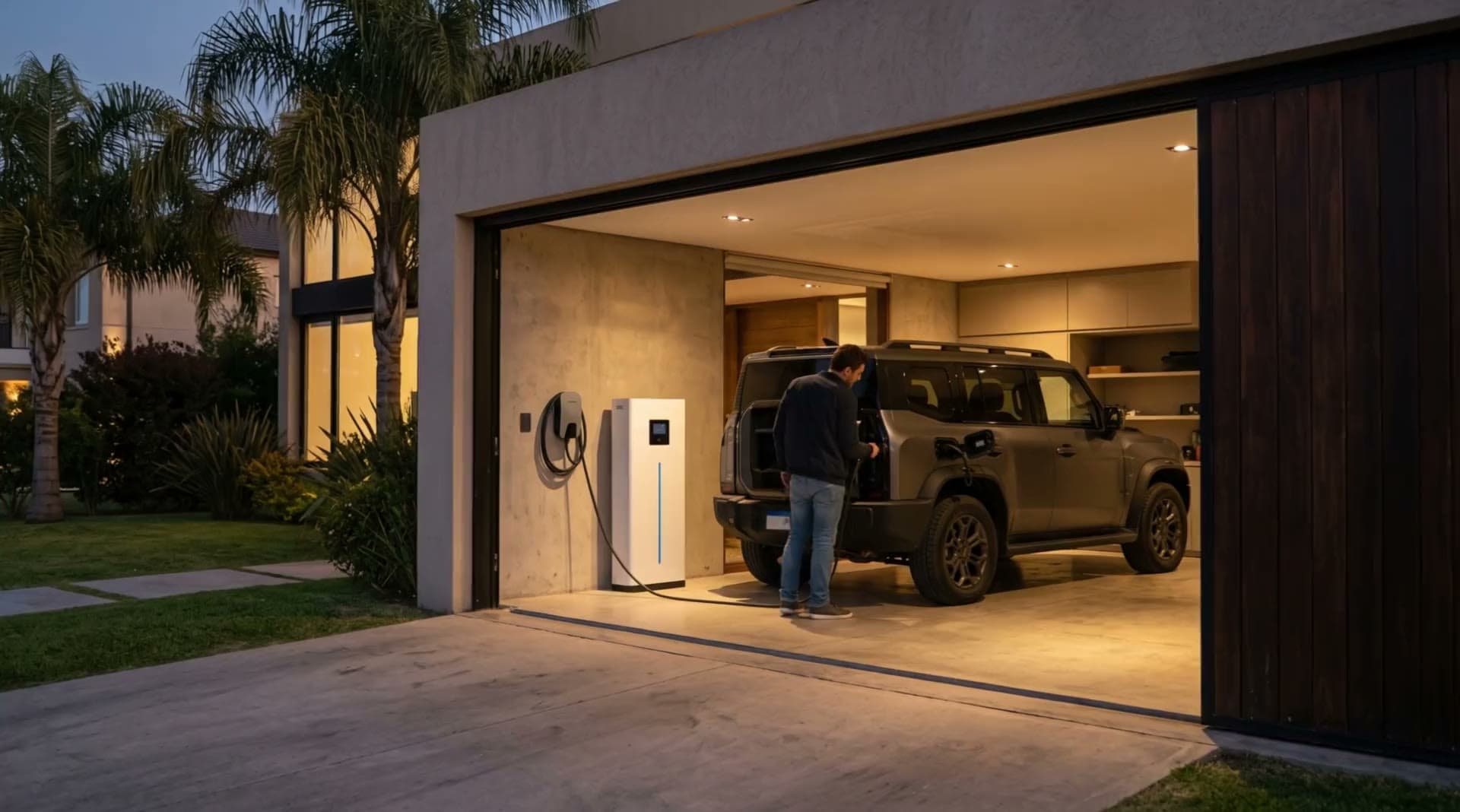 Hombre cargando su auto eléctrico en el garage, junto a la batería y el cargador de pared