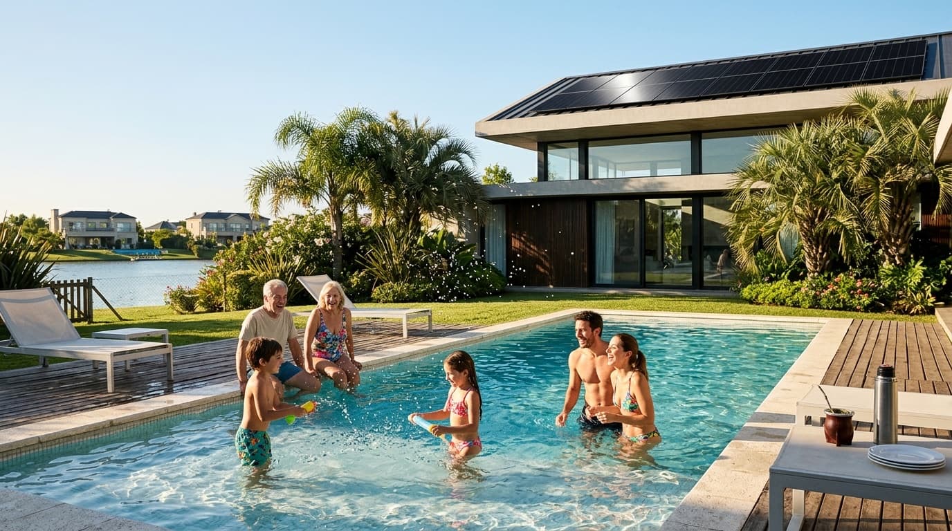 Familia en la pileta de una casa con paneles solares