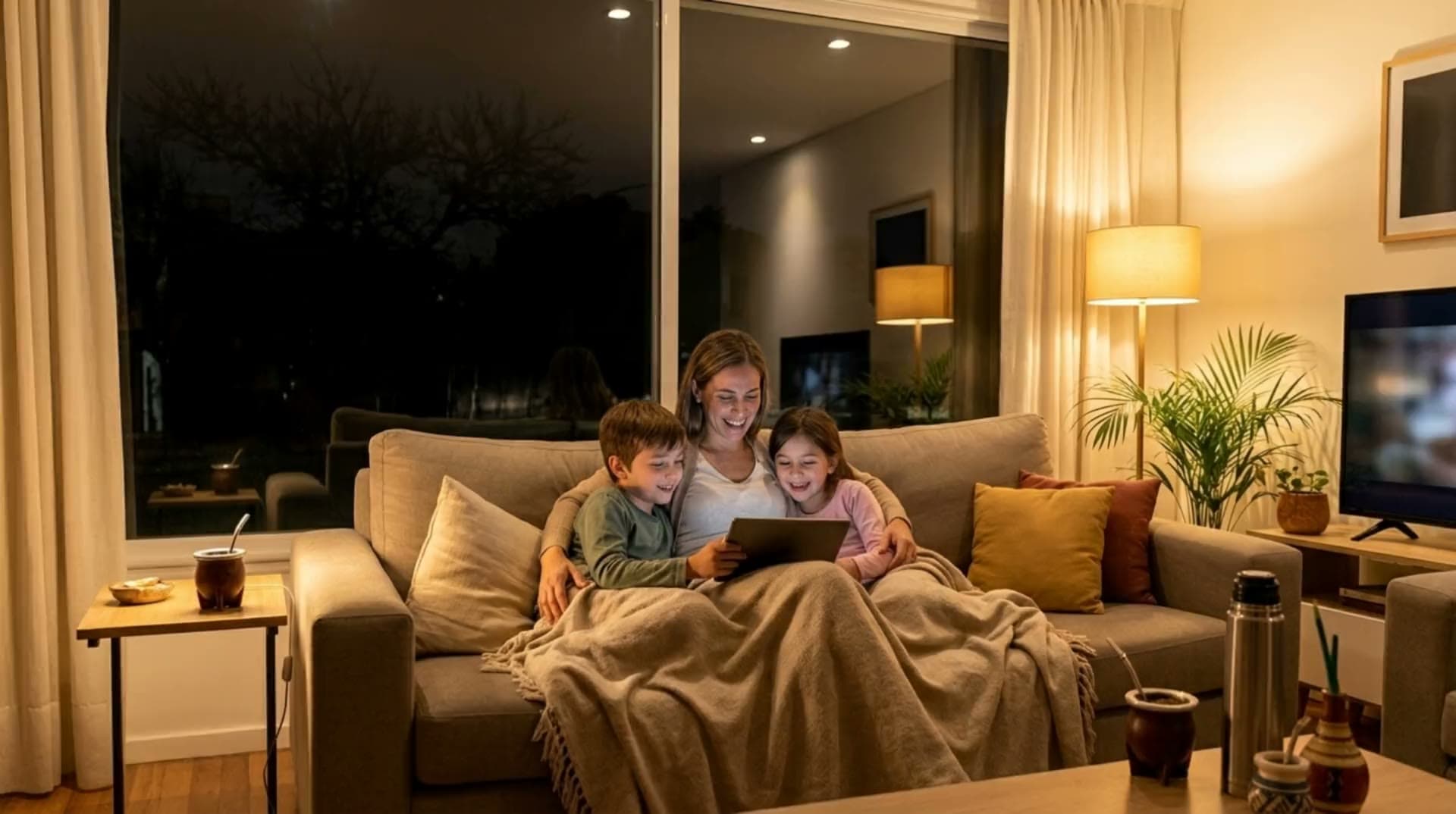 Mamá con sus hijos en el sillón con las luces prendidas mientras afuera el barrio está sin luz